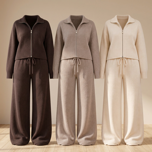 Conjunto de Dos Piezas de Punto Acanalado Corto para Mujer, Top con Cuello con Cierre y Pantalones Anchos, Atuendo Casual de Otoño Ecológico - Product Image 4
