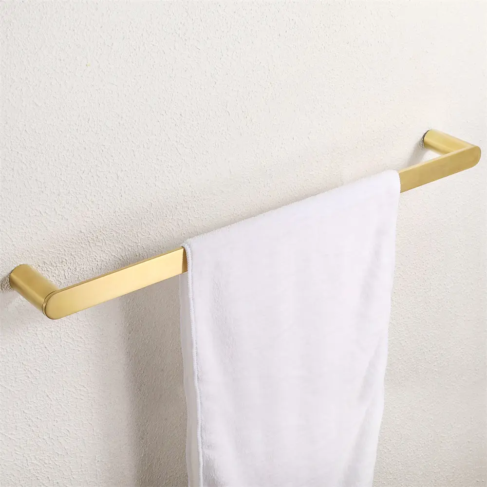 MAXERY Leslie Luxury Modern Design Stainless Steel Satin Brass Single Towel Bar Rustproof Wall Mount Tower Bar for Bathroom