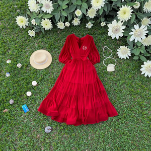 All'ingrosso elegante abito lungo in Chiffon da donna Casual plissettato mezza lanterna manica scollo a V con cerniera naturale lavabile - Product Image 6