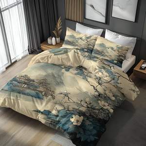 Parure de <span class=keywords><strong>lit</strong></span> <span class=keywords><strong>montagne</strong></span> bleue à motifs floraux, 3 pièces, housse de couette en microfibre douce à motifs avec attaches à fermeture éclair et 2 taies d'oreiller - Product Image 1