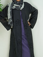Ensemble Abaya noire 2 pièces avec hijab, broderie florale perlée, robe musulmane, Abaya ouverte, robe musulmane pour femmes