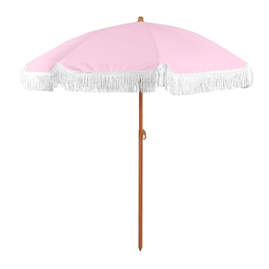 Boho Beach Umbrella with <b>Fringe</b> White Canvas <b>Parasol</b> Wooden Pole Portable Outdoor Sun Umbrella with Carry Bag - Product Image 2