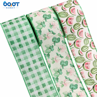 Ruban en tissu à bordure filée, motif floral pastèque estival, carreaux vichy verts, fleur de géranium rose, aquarelle, imprimé pastèque