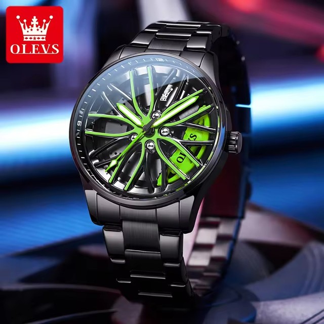 OLEVS 9937 Quartz Watch for Men 360° Rotary Dial Men's Wristwatch Sport Car Rim Wheel Hub Bracelet Waterproof Luminous Reloj