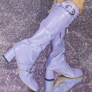 Big Size 47 Low Chunky Heels Belt Metal Buckles Shoes Women Front Zipper Knee High <b>Boots</b> Wide Fit Long Booties - Product Image 6