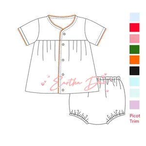 아이 복장 100% 짠 면 여름 유아 소녀 피코 트림 모노그램 아기 소녀 셔츠 및 블루머 세트
