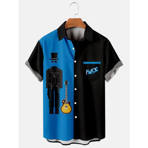 Camicia Hawaiana Estiva da <span class=keywords><strong>Uomo</strong></span> 2026 con Stampa Vintage Chitarra, Grafica Simbolo della Pace e Corvo, a Maniche Corte, con Bottoni, Casual da Spiaggia - Product Image 4