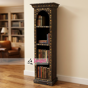 Librería/Estantería de madera vintage con vitrina y cuatro niveles de estanterías de madera con herrajes de latón, mueble de biblioteca para el hogar, hotel, casa de campo. - Product Image 5