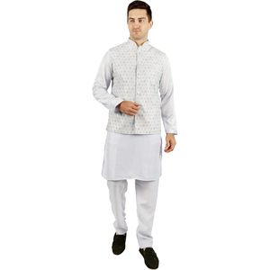<b>Men's</b> White Wrinkle Free Cotton <b>Kurta</b> <b>Pajama</b> with Waiscoat 3 in 1 Set Ethnic Indian Traditional Summer Wear <b>for</b> Diwali Puja - Product Image 6