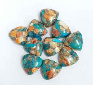 Cabujón de Ópalo Espinoso Natural con Turquesa Cobre, Forma Trillón, Base Plana y Lisa, para Joyería, Todos los Tamaños, Venta al por Mayor, Súper - Product Image 1