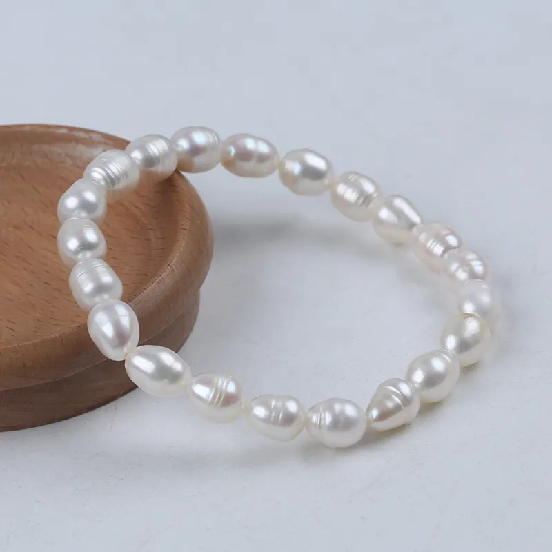 7-8mm weiße Reisform verstellbare handgemachte Süßwasser perlen Perlen Frauen Armband