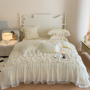 Set Letto Quattro Pezzi Stile Principessa Francese, Copripiumino in Cotone Lavato Tinta Unita con Pizzo, Biancheria da Letto per Ragazze per Tutte le Stagioni - Product Image 4