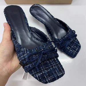 Mules à bout carré pour femmes avec nœud décoratif, sandales ouvertes sans talon, sandales à talon bleu pour femmes - Product Image 1