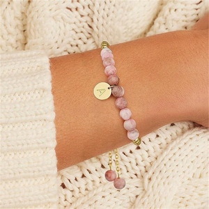 Bracciale Bohémien con Pietra Zebrata Rosa Placcato Oro, Perline in Pietra Naturale, 26 Lettere Inglesi Personalizzabili, Regolabile, Regalo <span class=keywords><strong>per</strong></span> Donne e Ragazze - Product Image 3