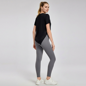 Camiseta de yoga para mujer con nudo lateral suelto, dobladillo irregular, manga corta, cuello redondo, top transpirable para gimnasio, entrenamiento, pilates y atletismo - Product Image 4