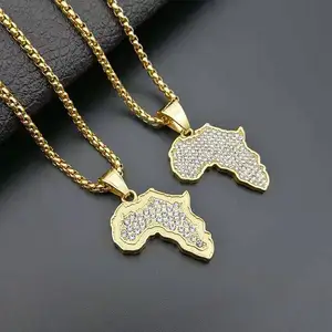 Trendy Stainless Steel Africa Map Necklace Shiny Rhinestone Crystal Map Of Africa Pendant Necklace For Women