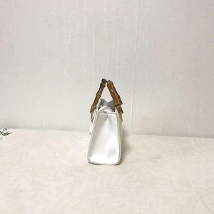 White PU Mini <b>Bag</b> with Bamboo Handle & Logo Clasp Elegant Style <b>Large</b> Capacity Portable 7 Inch Hand-Carry for All Seasons - Product Image 3