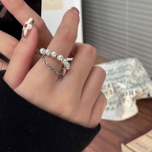 Yinruitai 925 Sterling Silver Pearl Chain <b>Open</b> <b>Ring</b> Women Adjustable Everyday Wear Vintage Style - Product Image 1