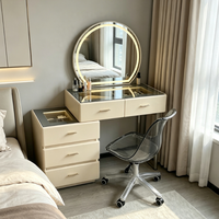 En gros Coiffeuse de chambre contemporaine avec miroir rond à éclairage LED, meuble de rangement multi-tiroirs, chaise de maquillage à roulettes transparentes