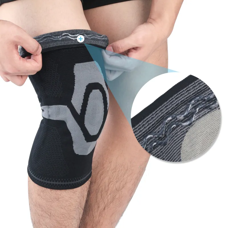 2024 nuevo tejido elástico transpirable de punto 3D deportes soporte de rodilla manga de compresión con estabilizador lateral almohadilla de gel de rótula