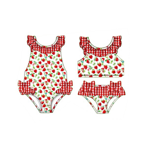 Maillot de bain personnalisé pour petites filles, imprimé fraises, en coton et élasthanne respirant, avec volants, collection printemps-automne - Product Image 4