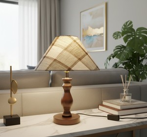 Lampe de table sur base en bois, abat-jour à motif écossais, LED blanc chaud 2700K, style minimaliste, commande tactile, IRC 90, alimentée par batterie pour veilleuse - Product Image 3