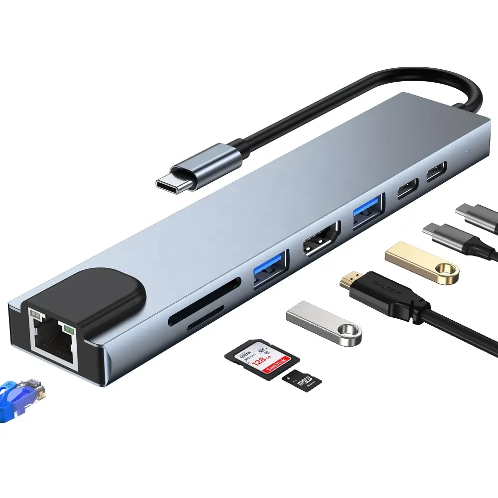 8 in 1 USB Hub TYPE-C to HDMI + RJ 45 100 Mbit +USB 3.0*1+USB 2.0*1+PD 100w + SD + TF + PD 2.0 Data Transmission Docking Station