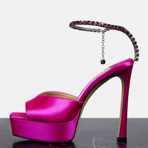 Sandales à plateforme pour femmes avec chaîne de cheville ornée de diamants, bout carré ouvert, talons hauts, en soie lisse, couleurs personnalisées, escarpins d'été - Product Image 2