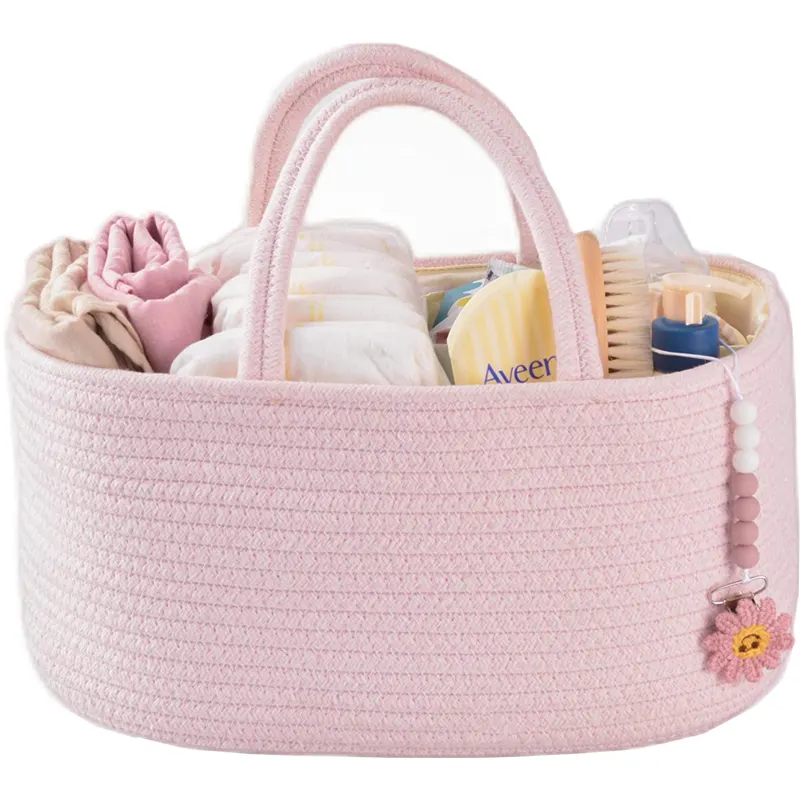 Pink Rope Woven Windel Aufbewahrung organisator Aufbewahrung behälter Korb Tragbarer Halter Mama Tasche für Baby kleidung Spielzeug