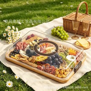 <b>Bamboo</b> Food <b>Container</b> With Lid 4-7 Compartments Rectangle Storage Tray For Kitchen Snack Cheese Dessert - Product Image 3