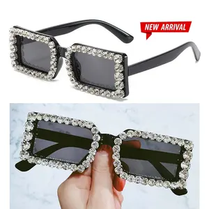 2023 New York Terbaru Trendy Gafas De Sol Kustom Bling Berlian Shades Wanita Retro Vintage Bingkai Persegi Panjang Kacamata Berlian Imitasi