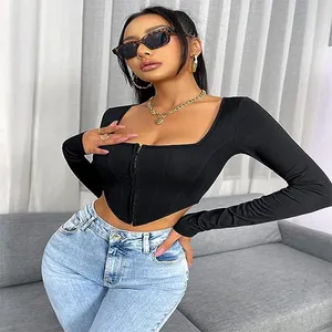 Women's Square Neck Corset Bustier Long Sleeve Fitted Crop Top