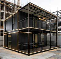 Bâtiment modulaire à deux étages en conteneurs, panneaux ondulés noirs, bande lumineuse LED, balcon, bureau, maison, installation rapide, maison préfabriquée