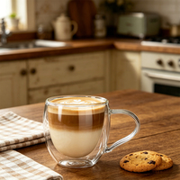 Tazas de Café de Vidrio Borosilicato de Doble Pared, Hechas a Mano, de Alta Calidad, 9.5 oz, Transparentes, Aptas para Lavavajillas y Microondas