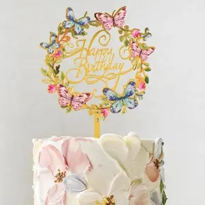 Çiçek baskılı akrilik mutlu doğum günü pastası toppers kek dekorasyon malzemeleri için