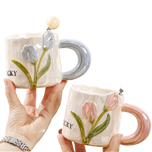Frauen niedlichen 380ml Tulpe Keramik becher handgemachte Geschenk 3D Blumen becher für Lehrer tag & Geburtstag für Camping - Product Image 1