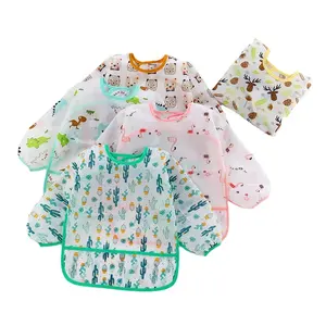 Tabliers d'alimentation imperméables pour enfants à volants à manches longues Smock vêtements bavoirs pour bébés avec poche couverture complète bavoirs pour bébés tout-petits