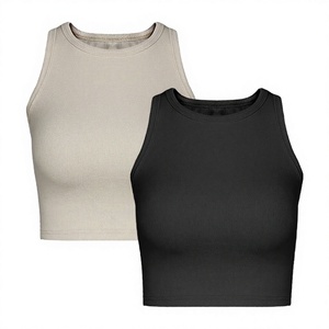 Venta al por mayor de tops de verano de algodón transpirables para mujer, chalecos casuales acanalados sin mangas con cuello redondo, tops cortos de punto. - Product Image 4