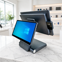 Terminal de point de vente (TPV) en aluminium à double écran de 15,6 pouces, refroidissement sans ventilateur, compatible Windows/Android/Linux, avec options NFC/WiFi/Bluetooth/haut-parleur