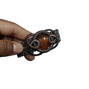 Handmade Copper Wire Wrapped Cuff <b>Bracelet</b> with Orange Carnelian Stone Adjustable <b>Boho</b> Jewelry Wholesale - Product Image 1