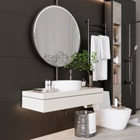 Meuble-lavabo mural flottant sans poignées à double tiroir avec comptoir en quartz et lavabo rond en céramique blanche