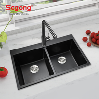 Évier de cuisine double cuve en quartz composite noir 80*50cm à encastrer pour projets