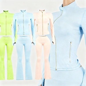 <span class=keywords><strong>2</strong></span> 件套女式瑜伽服立领金色拉链夹克喇叭裤修身透气运动服户外运动服 - Product Image 1