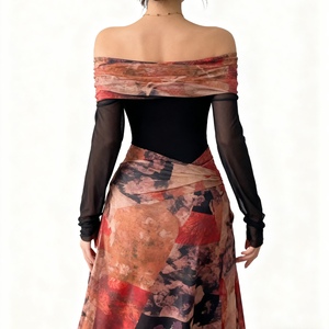 ชุดเดรสแขนยาวผ้าตาข่ายพิมพ์ลายคอปาดไหล่เซ็กซี่สำหรับผู้หญิงแฟชั่น - Product Image 4