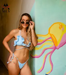 Halter encaje hasta traje de baño Niña traje de baño color sólido ecológico bikini volante TRIM bikini brasileño