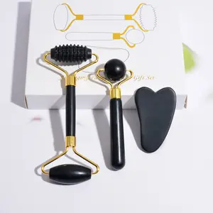 Grosir set pijat gua sha roller batu bian hitam merek OEM