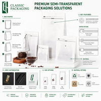 Sacs à café biodégradables avec valve et fermeture éclair, sacs en papier de coton semi-transparents à fond plat, Bolsas Para Café 250g 500g Emballage