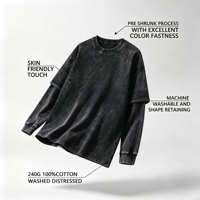 T-shirt unisexe oversize à manches longues, effet faux deux pièces, col, 100% coton 230, uni, délavé et vieilli, style streetwear vintage, expédition immédiate