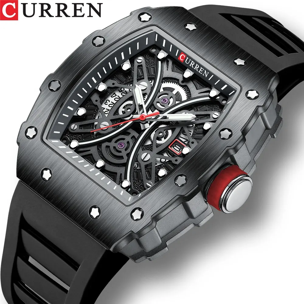 2023 CURREN 8438 orologi luminosi quadrati sportivi Casual in Silicone fascia mezza cava Auto quadrante orologio da polso al quarzo da uomo