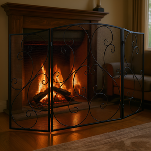 Mampara de hierro de 3 paneles para chimenea, 48 pulgadas de largo x 30.2 pulgadas de alto, color negro vintage, protector de chispas independiente, decoración para el hogar - Product Image 2